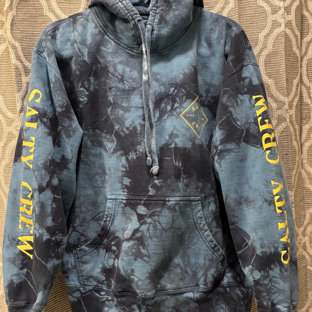 Salty Crew Hoodie Mens MEDIUM Blue Tie Dye Pullover Sweatshirt Logo Graphic Surf